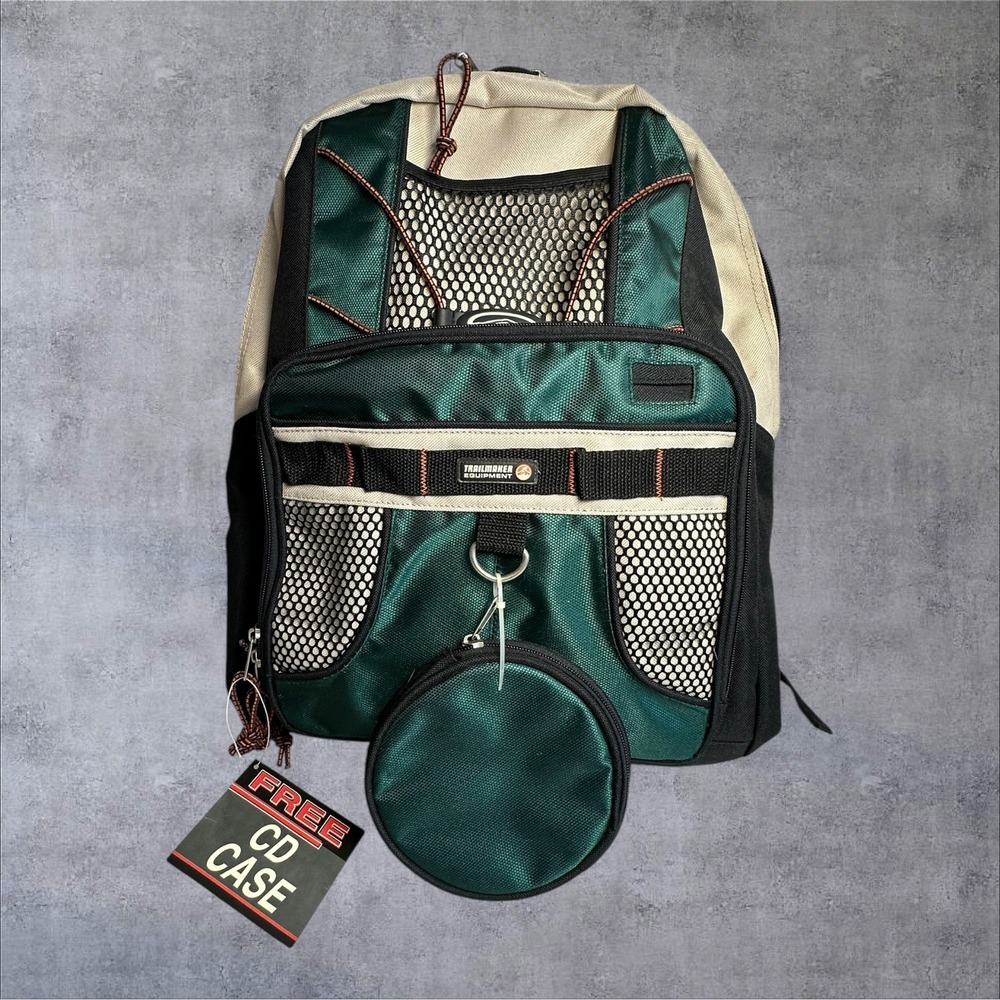 NOS VTG Trailmaker Equipment Backpack Mens Green Tan Detachable CD Case Y2K Gorp